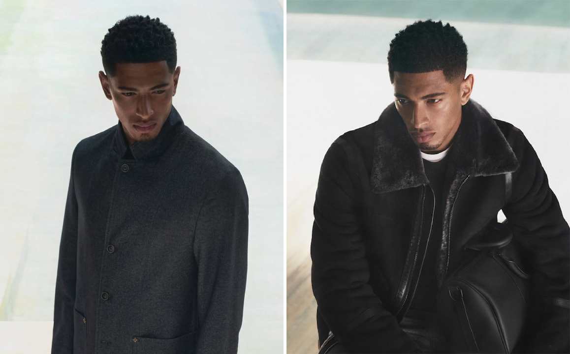 Montagem de duas fotos do jogador do Real Madrid Jude Bellingham, o Novo Embaixador Louis Vuitton.