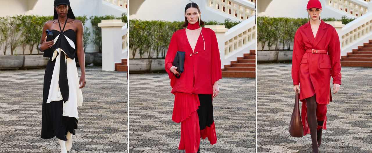 Montagem de 3 fotos de looks da Neriage no colégio Dante.