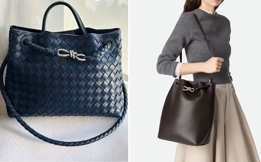 Montagem de fotos da Bolsa Andiamo da Bottega Veneta tradicional ao lado da versão Bucket.