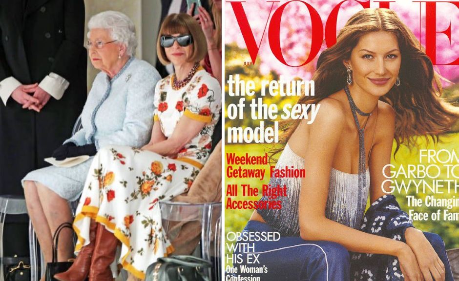 Montagem de fotos de Anna Wintour sentada ao lado da Rainha Elizabeth ao lado da primeira capa de Gisele Bundchen par Vogue América.