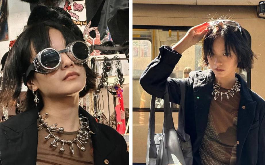 Montagem de fotos de Li Gengxi mostrando como seu estilo combina om o DNA da Miu Miu.