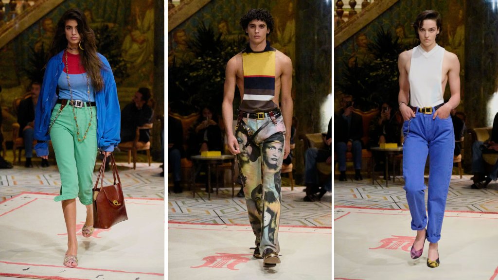 Montagem de fotos do desfile de estreia de Dario Vitale na Versace na Semana de Moda de Milão Verão 2026.