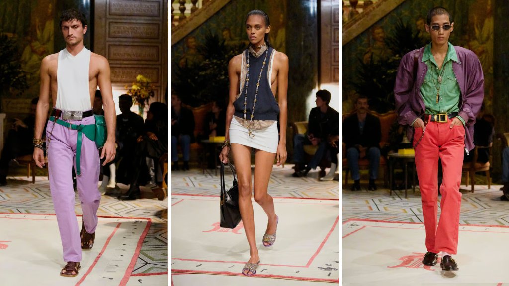 Montagem de 3 fotos de looks na Semana de Moda de Milão 2026.