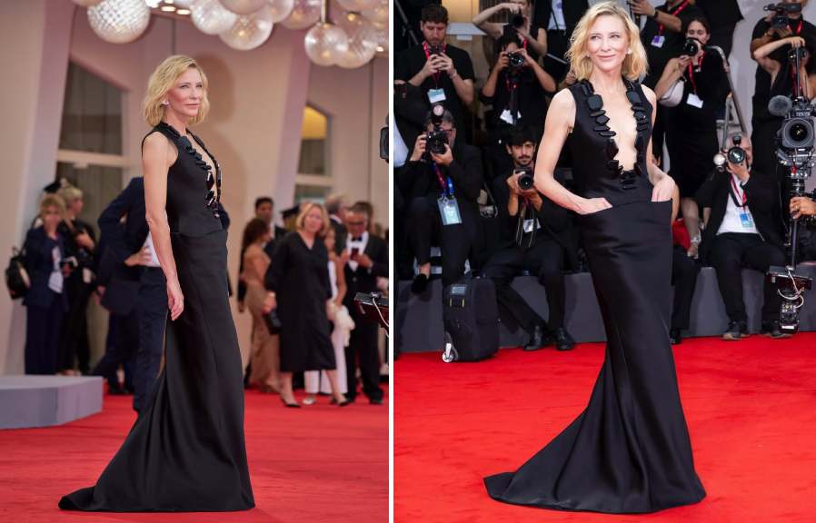 Foto da atriz Cate Blanchett no primeiro dia do Festival de Cinema de Veneza 82 edição usando um vestido Giorgio Armani considerada uma das mulheres mais bem vestidas.