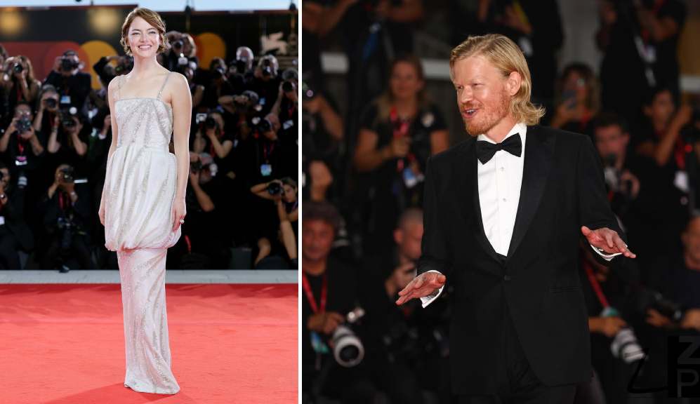 Montagem de fotos da atriz Emma Stone usando um vestido Louis Vuitton no Festival de Cinema de Veneza 2025 ao lado de Jesse Plemons.