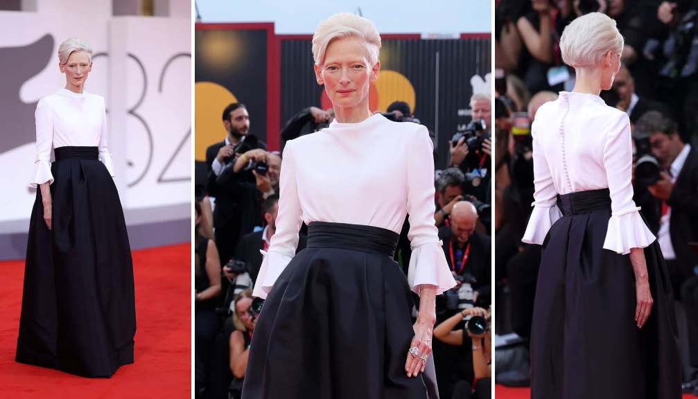 Montagem de fotos da atriz Tilda Swinton usando um look chanel consderado um dos melhores do festival de cinema de veneza 2025.