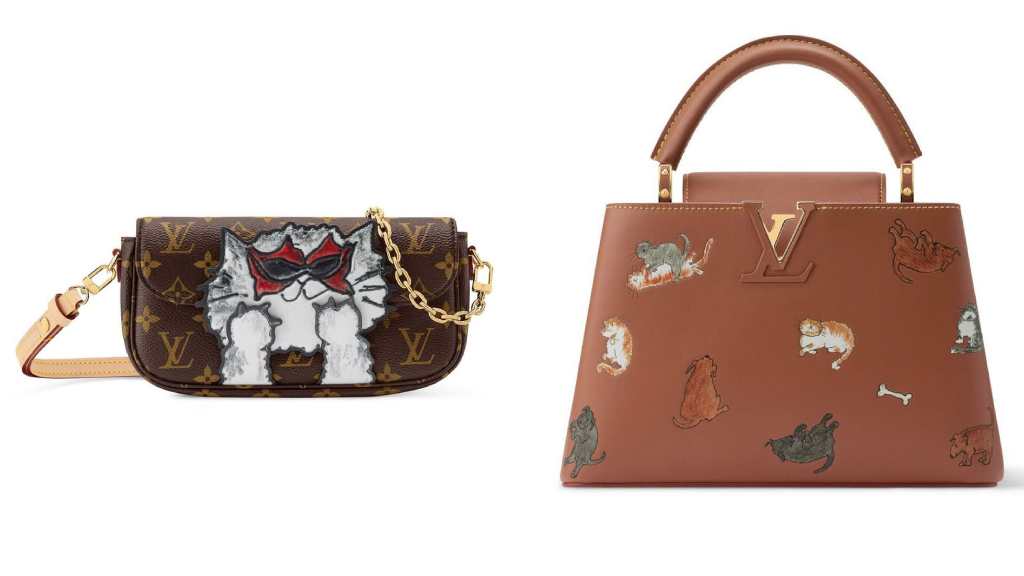 Montagem de fotos de
Bolsas icônicas como a Capucines g com estampas de felinos na collab "Louis Vuitton Travels With Grace Coddington".
