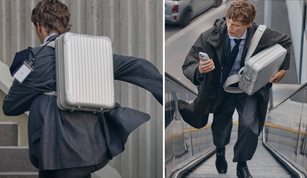 Montagem de homem executivo usando a mochila de alumínio da Rimowa.