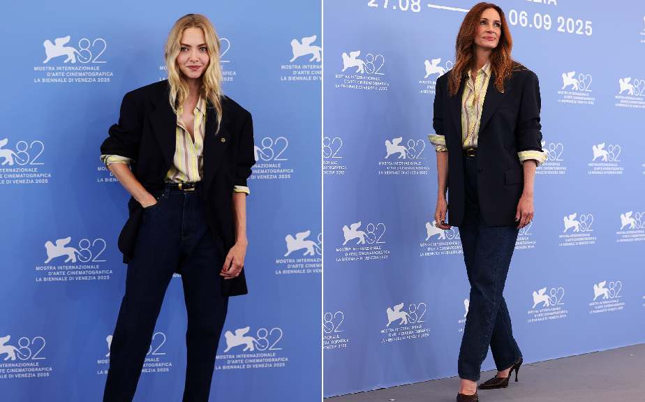 Montagem de fotos de Amanda Seyfried e Julia Roberts de Versace by Dario Vitale no Festival de Veneza, camisa listrada amarela, blazer azul escuro e calça jeans.