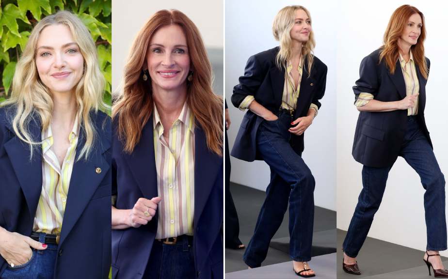 Montagem de fotos das atrizes Amanda Seyfried e Julia Roberts usando o mesmo look da Versace no Festival de Cinema de Veneza.