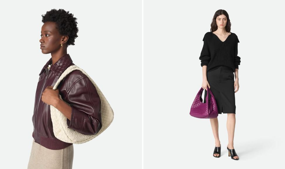 Montagem de fotos de modelos carregando a nova bolsa da bottega veneta campana no ombro e na mão.