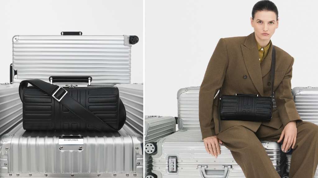 Montagem de fotos das bolsas crossbody da rimowa feitas de couro.
