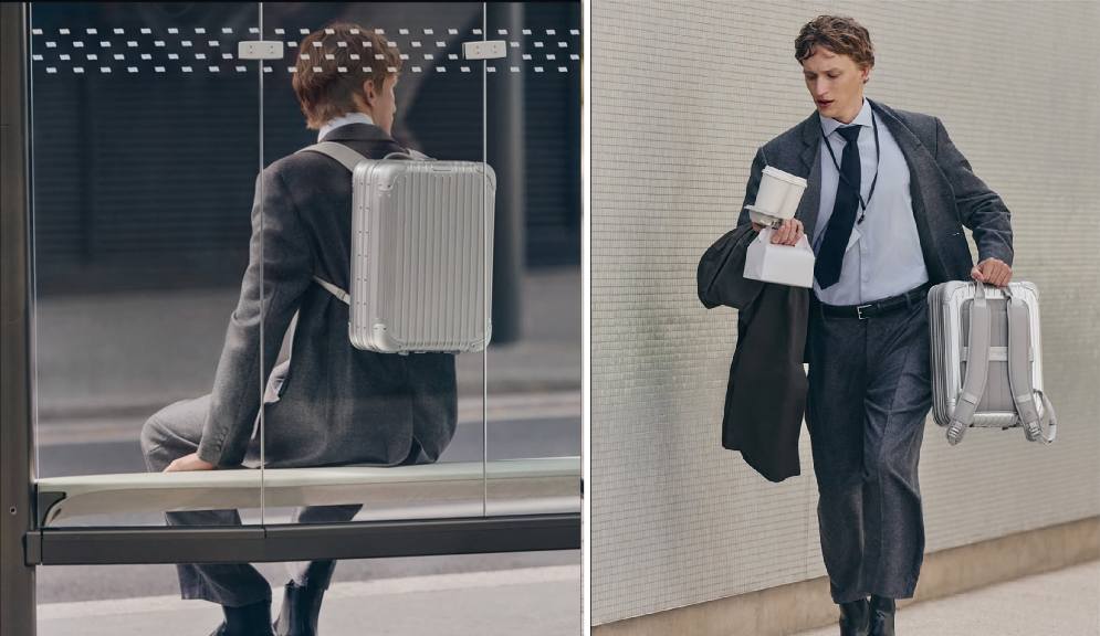 Montagem de homem de terno andando pela cidade com a nova mochila da Rimowa, a Orignal Backpack.