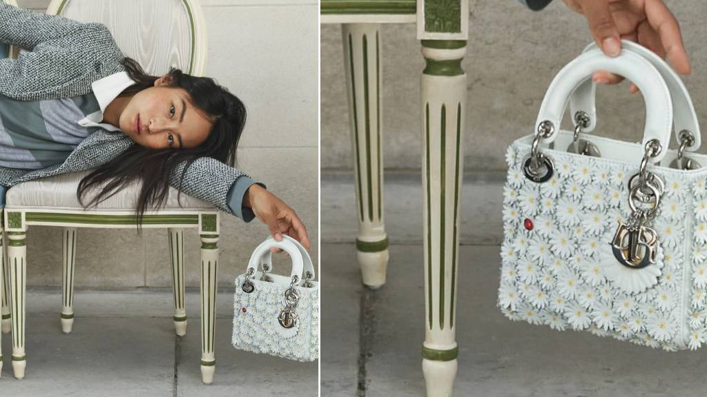 Montagem de fotos da embaixadora Dior, Greta lee, com uma das novas versões da Lady Dior em campanha de Jonathan Anderson.