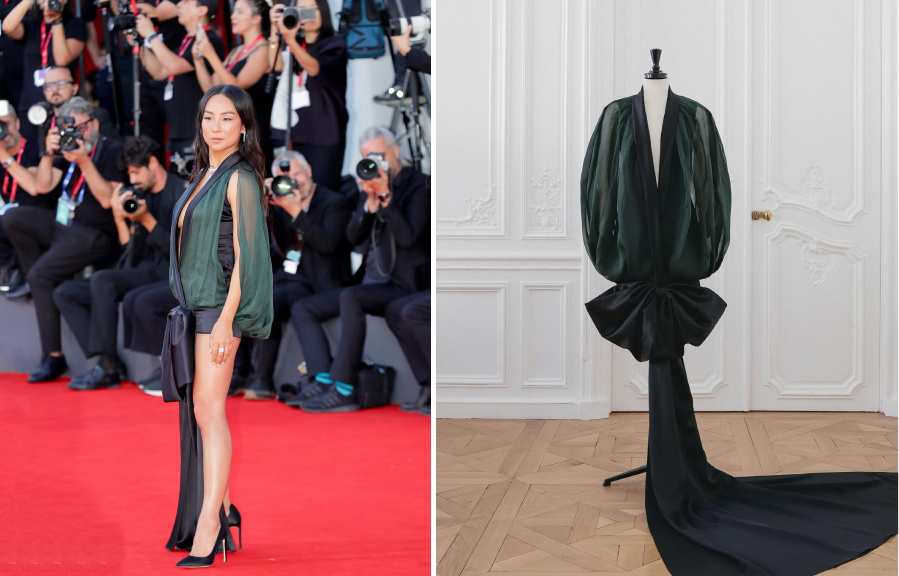 Montagem de fotos de Greta Lee usando vestido Dior assinado por Jonathan Anderson em Vezena.