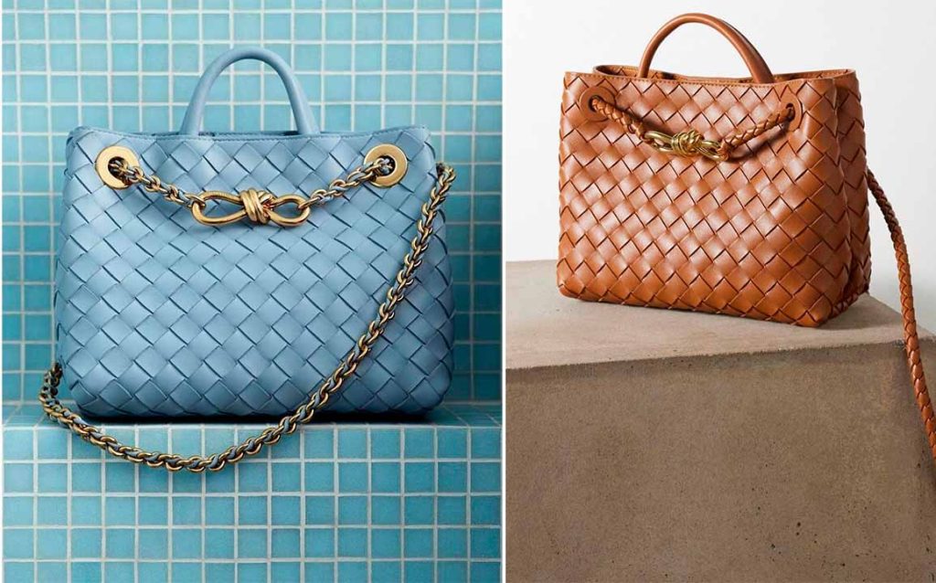 Montagem de fotos da bolsa Andiamo da Bottega Veneta com o intrecciato.