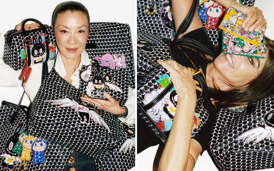 Montagem de fotos de Michelle Yeoh e Carine Roitfeld e na Campanha da Collab Exclusivia Moynat X Labubu.