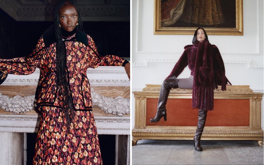 Montagem de fotos de modelos usando a nova coleção de inverno 2025 da Buberry na campanha da marca dentro de uma mansão inglesa.