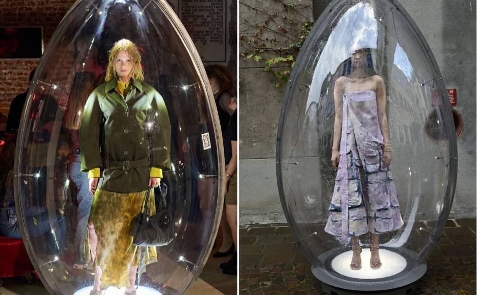 Montagem de fotos da Coleção da Diesel na Semana de Moda de Milão Verão 2026: looks dentro de ovos gigantes de acrílico.