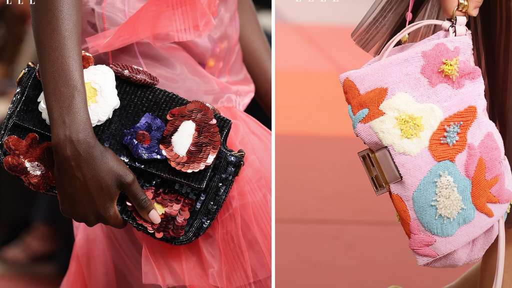 Montagem de fotos Fendi Baguette na Semana de Moda de Milão Verão 2026.
