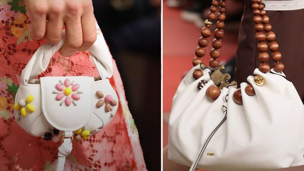 Montagem de fotos de bolsas Spy Bag versão micro e Collier com alças de miçangas no Desfile Fendi Verão 2026 na MFW.