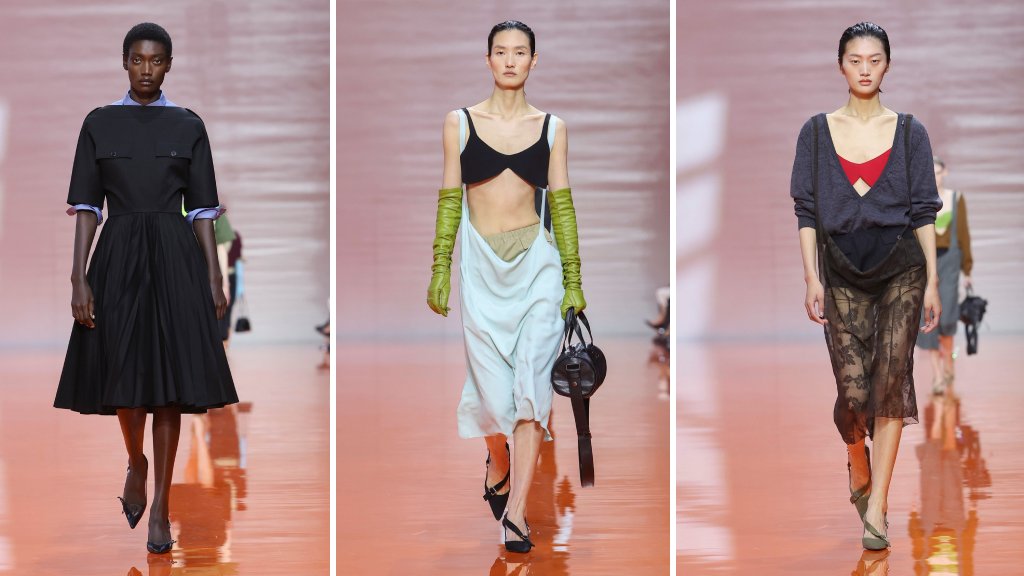 Montagem de 3 fotos do desfile da Prada na Semana de Moda de Milão Verão 2026.