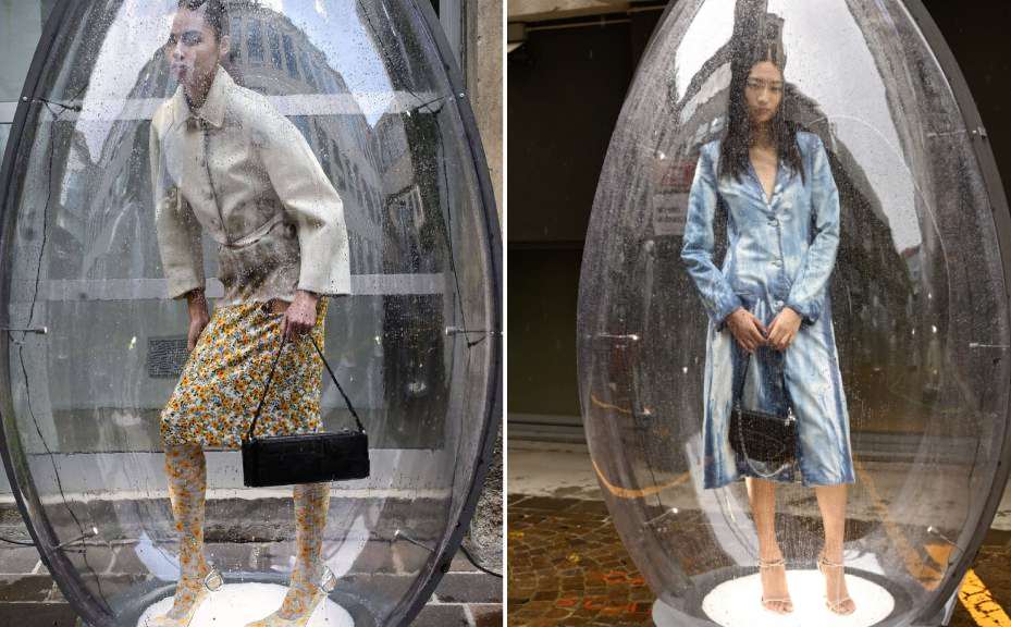 Montagem de duas fotos de looks da Coleção Diesel S/S 26 na Semana de Moda de Milão.