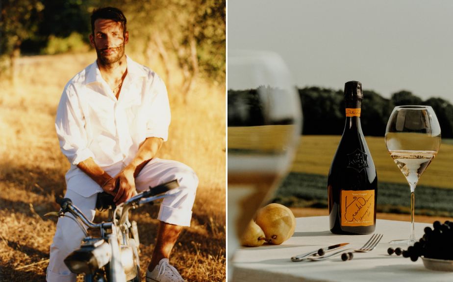 Montagem de fotos do estilista Simon Porter Jacquemus ao lado da sua criação, a embalagem da garrafa de champanhe Veuve Clicquot.