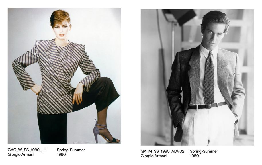 Fotos dos arquivos da marca Giorgio Armani de criações do inicio da carreira do estilista italiano.