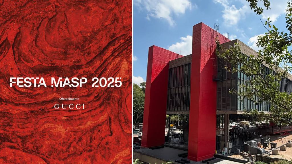 Montagem de fotos do convite da festa Masp 2025 patrocionada pela Gucci,