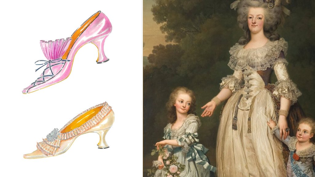 Montagem de esboços de sapatos de manolo blahnik ao lado de quadro da figura Maria Antonieta.