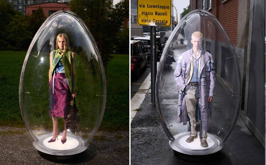 Montagem de duas fotos de ovos de acrílicos gigantes com modelos dentro usando looks da coleção verão 2026 da Diesel.