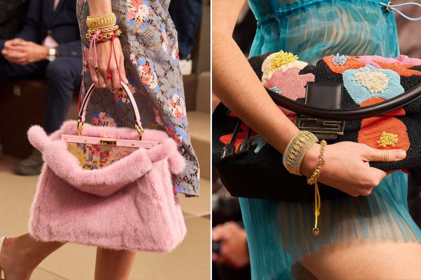 Fotos das bolsas peekaboo e baguette no desfile da fendi verão 2026 na MFW, Semana de Moda de Milão.