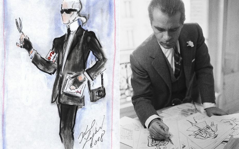 Montagem de fotos de Karl lagerfeld desenhando croquis que deve aparcer no documentário Karl dirigido por Nick Hooker.