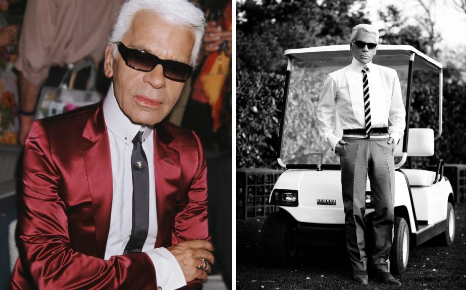 Montagem de fotos de karl lagerfeld com seus óculos escuros inseparáveis.