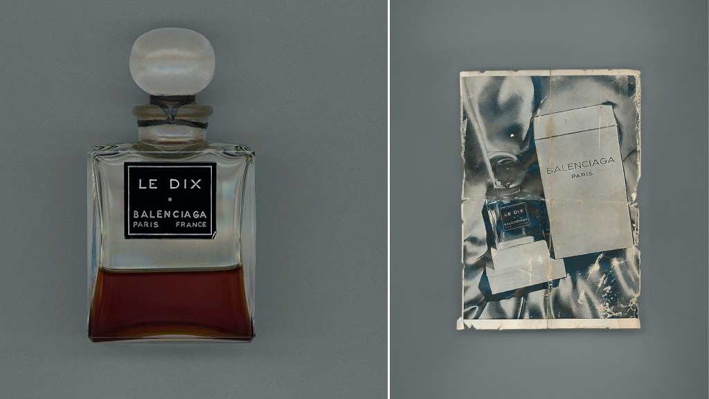 Montagem de fotos do frasco e campanha do Perfume Balenciaga Le Dix.