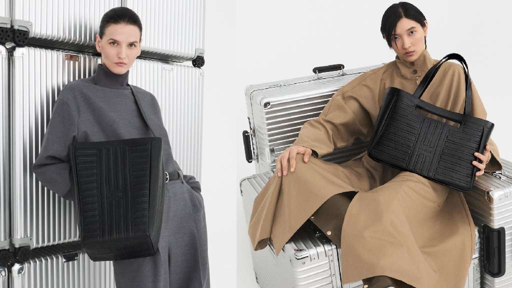 Montagem de fotos das primeiras bolsas de couro da rimowa, versão bucket bag e versão shopping bag da Groove Collection.