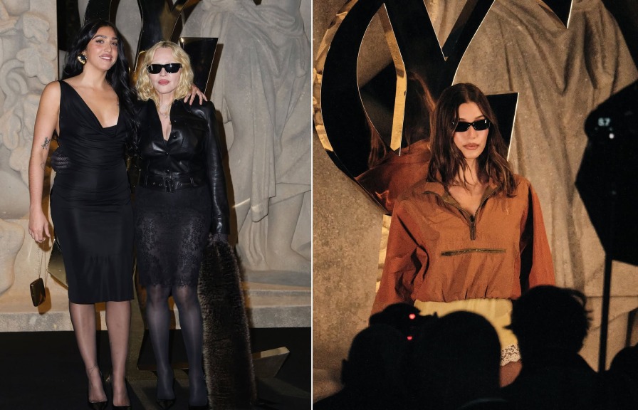 Montagem de fotos da Madonna com sua filha e Hayle Bieber no Desfile Saint Laurent Verão 2026 na PFW.