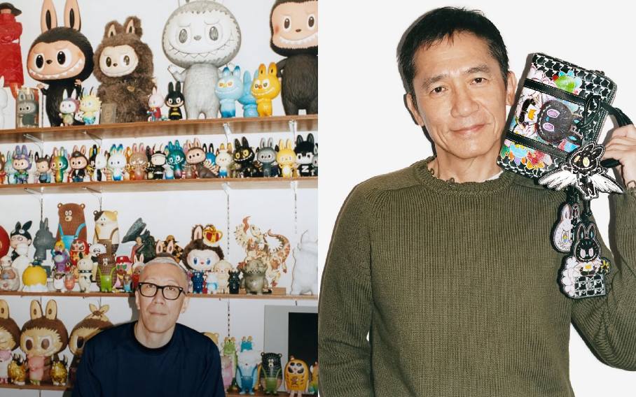 Montagem de fotos de Kasing Lung criador dos personagens Labubus ao lado do ator e cantor chinês Tony Leung estrela da Campanha Moynat X Labubu.