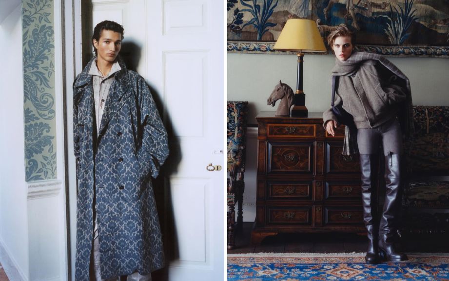 Montagem de fotos de modelos usando a nova coleção da Burberry de inverno dentro de uma mansão inglesa.