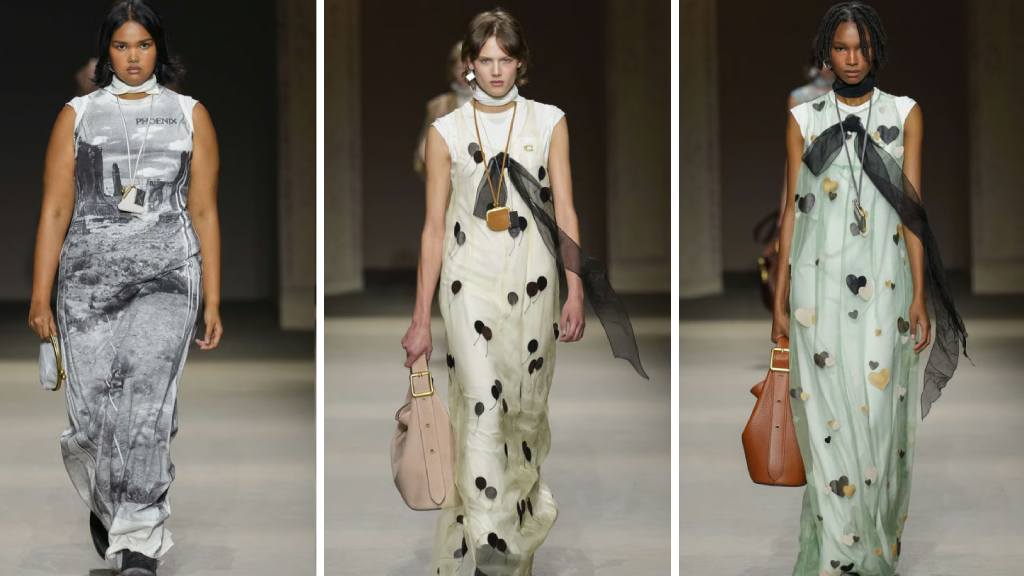 Montagem de looks do desfile da coach na semana de moda de nova york verão 25/26.