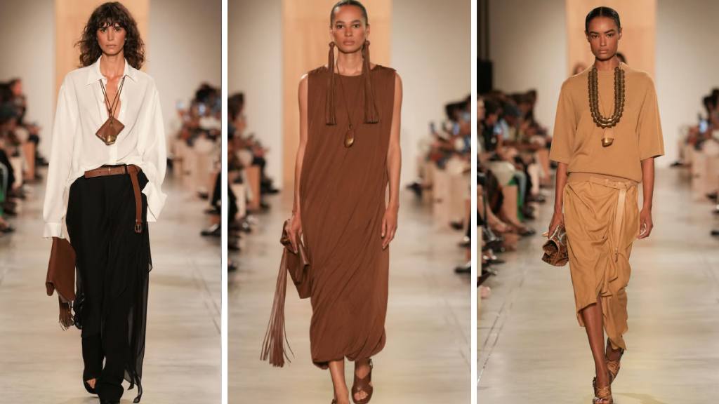 Montagem de fotos de looks do desfile Michael Kors na NYFW Verão 2026.