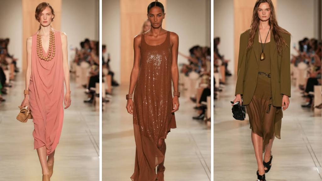 Montagem de fotos de looks do desfile Michael Kors na Semana de Moda NYFW Verão 2026.