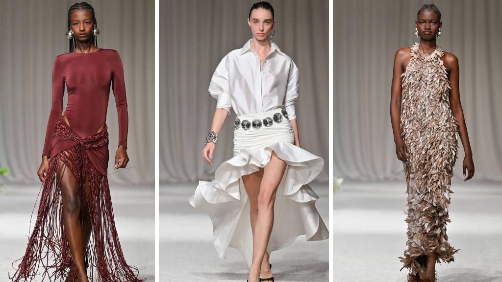 Montagem de fotos de looks da marca PATBO na Semana de Moda de Nova York Verão 2026.