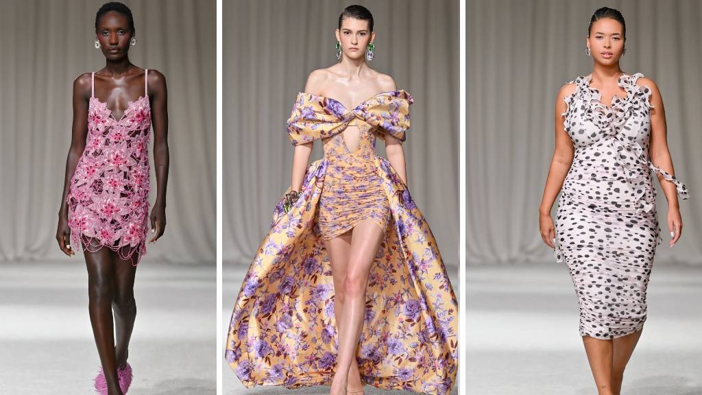 Montagem de fotos de vestidos da Patbo no desfile na NYFW Verão 2026.