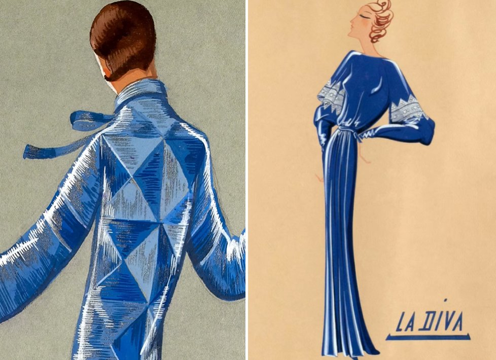 Montagem de fotos de croquis de moda da lanvin com a cor azul da marca.