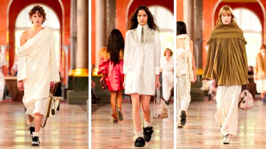 Montagem de fotos do desfile da Louis Vuitton na PFW Verão 2026.