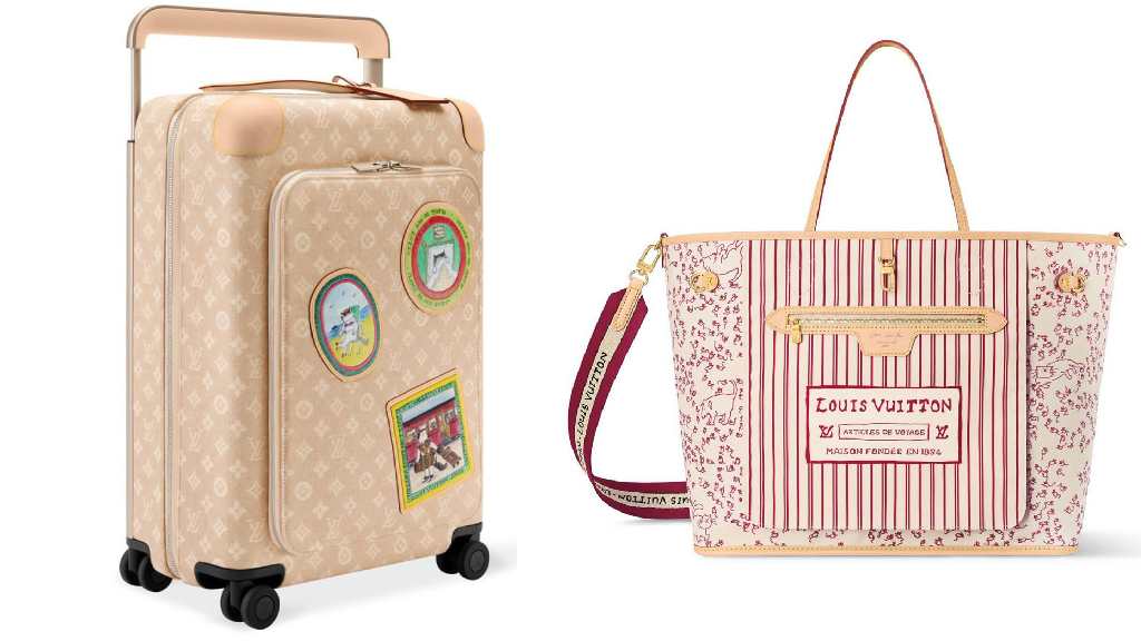 Montagem de fotos de mala Louis Vuitton ao lado da bolsa neverfull reinterpretada por Grace Coddington.