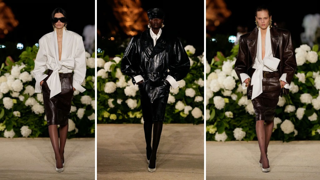 Montagem de fotos do Desfile Yves Saint Laurent na PFW Verão 2026.