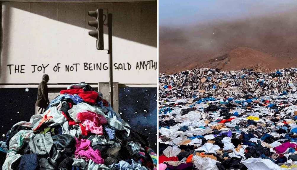 Foto de aterros com descartes de roupas, a união europeia aprova lei para combater o desperdício na moda.